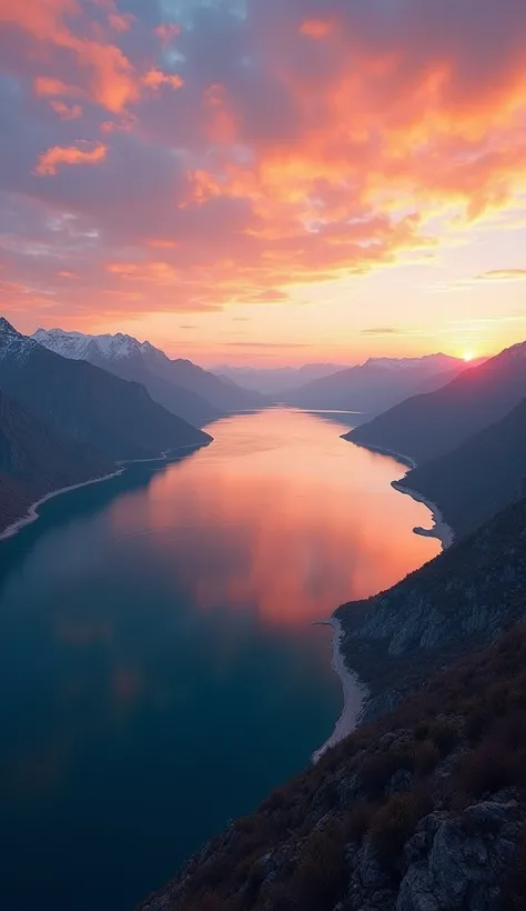 An aerial view of Lake Baikal during sunset, highlighting the contrasting colors of the deep water and surrounding landscapes, with a dramatic sky painted in hues of orange and pink."