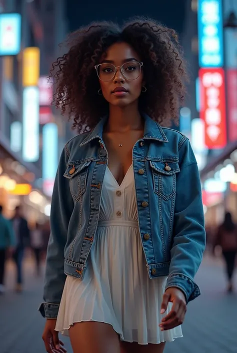 1girl, curly hair, glasses, denim jacket, white mini dress, walking on street, city background, night, 4k hdr, photorealistic, highly detailed, realistic lighting, beautiful detailed eyes, beautiful detailed lips, extremely detailed eyes and face, long eye...