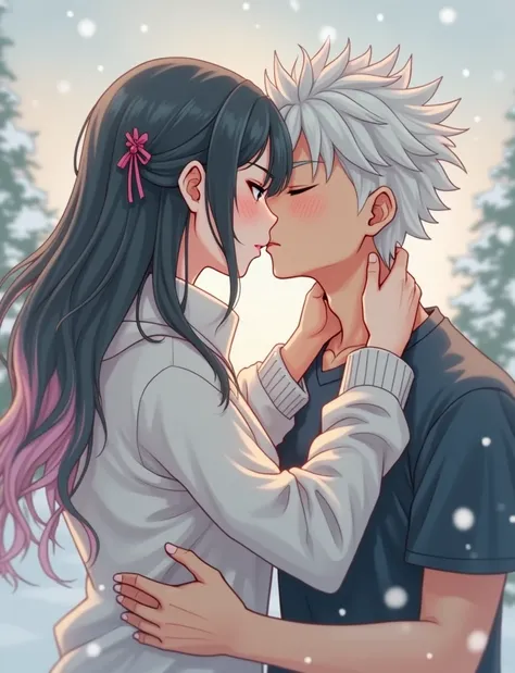 A romantic scene where a couple stands close, about to kiss, in a snowy setting. The girl has pink and black hair, without a ribbon, and she is wearing sporty attire. She is gently holding the face of the boy, who has white hair and is dressed in a dark sh...