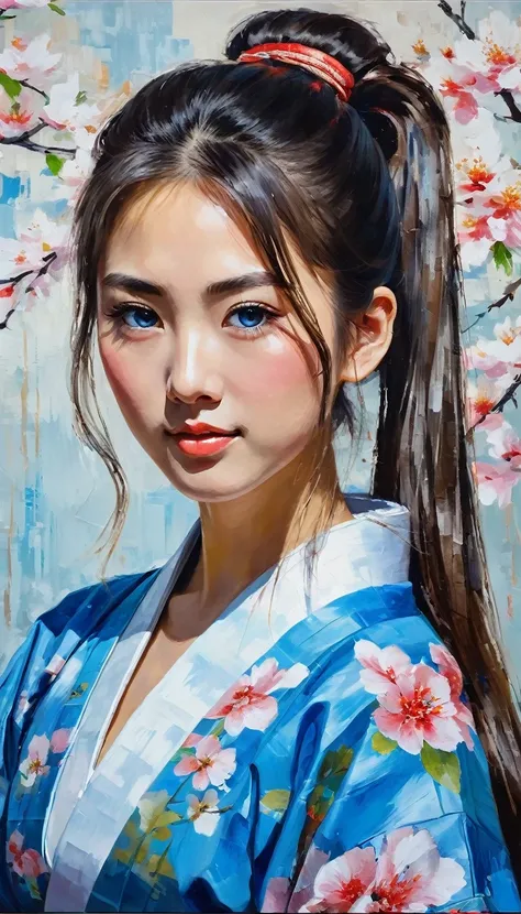 Ciafitteoil technique palette knife oil painting Of A Beautiful and fair young Japanese 1 young woman, high topknot ponytail long hair,beautiful symmetrical perfect blue eyes,wearing kimono ,