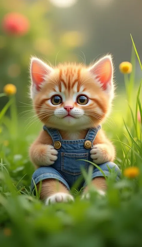 Create an image of kitten wearing overall lay down on grass with big bright innocent eyes 