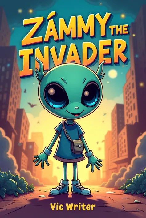 Make a book cover with the author&#39;s name on it: Vic Writer and the description of the cover, the shadow of a humanized alien girl, but the cover does not reflect darkness but humor and the name of the work &quot;Zammy the invader&quot; that is all in S...