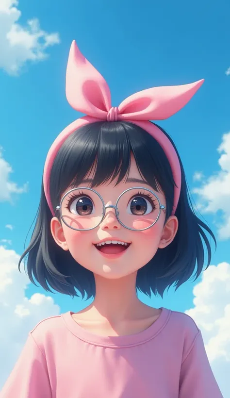 girl, blue sky and white clouds, wearing silver glasses, happy, happy, rosy cheeks, black hair, She wears a headband with a pink bow, Perfect quality, Clear focus (clutter - home: 0.8), (masterpiece: 1.2) (realistic: 1.2) (bokeh) (The best quality) (detail...