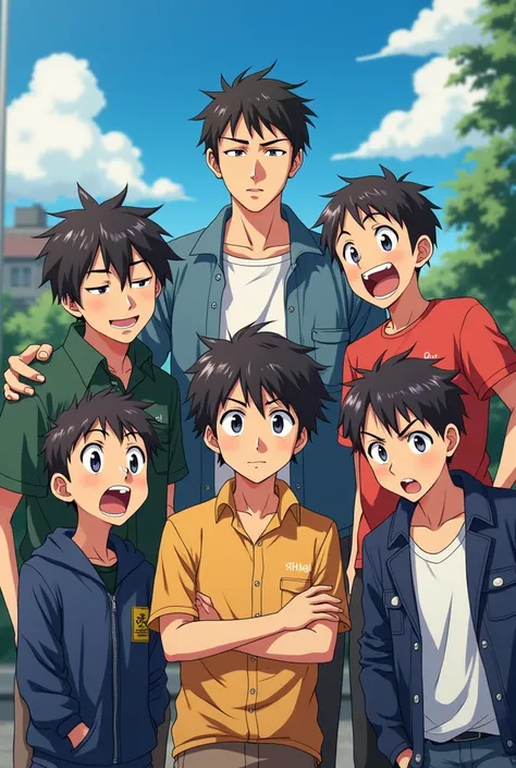 Create an anime image of a group of friends, where there are 5 boys and 1 girl with the following expressions: I want a boy with a cold and depressed expression, the other tall and very stressed boy, the other tall boy with boredom, the other short and ann...