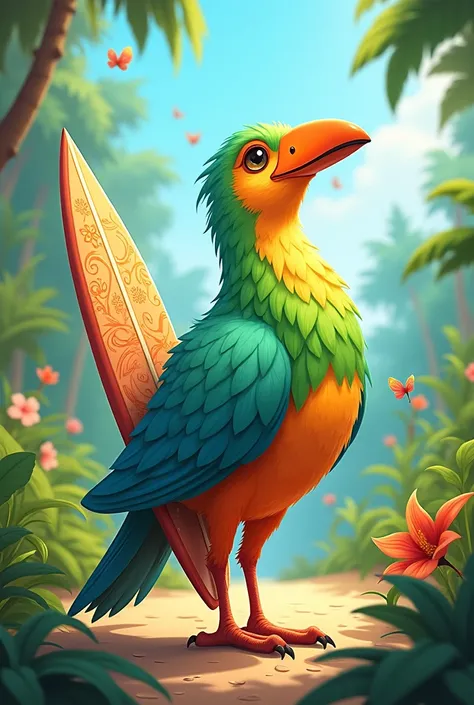 cartoon of a torogoz bird with a surfboard, that is not in the water