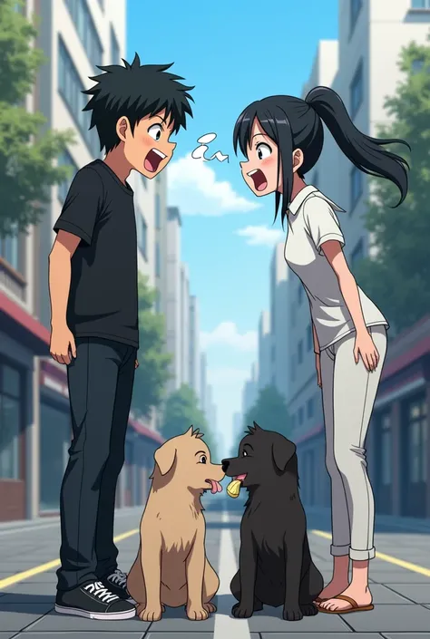 a man wearing black shirt and a woman wearing a white shirt and a pants ang black hair got shocked at each other in the street and beside of them are 2 dogs eating. in anime style