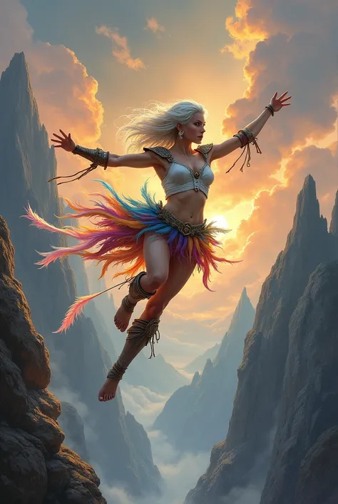 A beautifully detailed and dynamic painting in the style of classic fantasy artists like Frank Frazetta, Julie Bell, Boris Vallejo, and Brom. Aurora Skydancer, a powerful warrior woman with pale hair and blue eyes, is captured mid-leap between two towering...