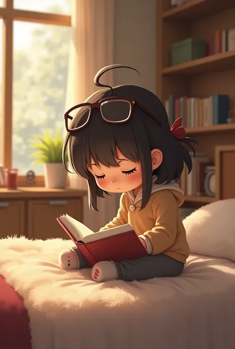 Cubby small kid girl with studying sitting over bed and with a glasses on head
