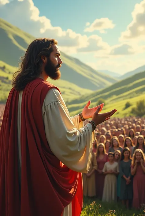 Jesus Christ preaching to the crowd of people 