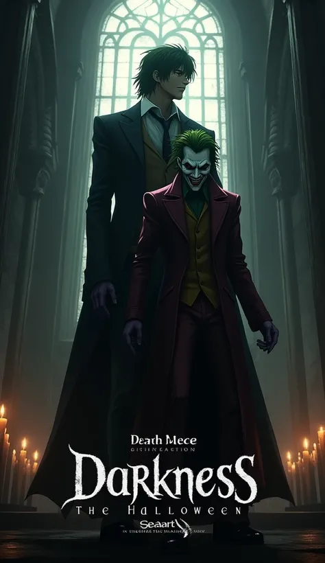 Characters: Light Yagami (Death Note) and Joker (Batman: The Animated Series)
Scene: Light and Joker plotting together in a dark, ominous setting.
Title Text: “Dark Shadows”
Additional Text: “A SeaArt Production”, “Embrace the Darkness”, “In Theaters This ...