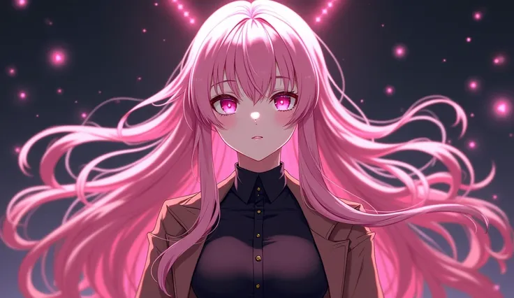 anime art style, female character, pink long hair, pink eyes, pale skin, wearing a black shirt and a brown jacket, godess pose, superiority look, superb expression, dark background