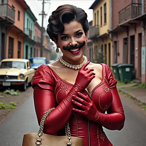 A person dressed in a glamorous red gown with matching gloves stands in an urban alleyway. They have a playful expression, with exaggerated facial features, including a prominent mustache, and a broad smile. A pearl necklace adorns their neck, and they hol...