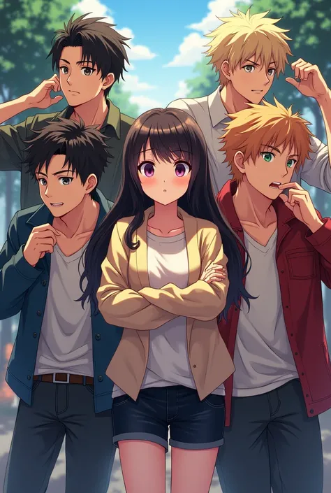 Create an anime image of a group of friends, where there are 5 boys and 1 girl with different expressions, being the boys with a depressive. a stressed one. a busy one. One with boredom. and the other annoying. Already the , I want her to be jealous.