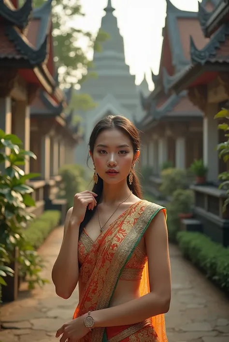 Beautiful woman standing for a photo at a temple in Thailand