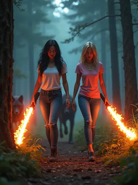 Beautiful hispanic woman, raven hair, white t-shirt and blue jeans and the other woman has blonde hair, pink t-shirt, both hispanic and blonde are , fire swords in their hands, both hispanic and blonde have red glowing eyes, and they are walking through th...