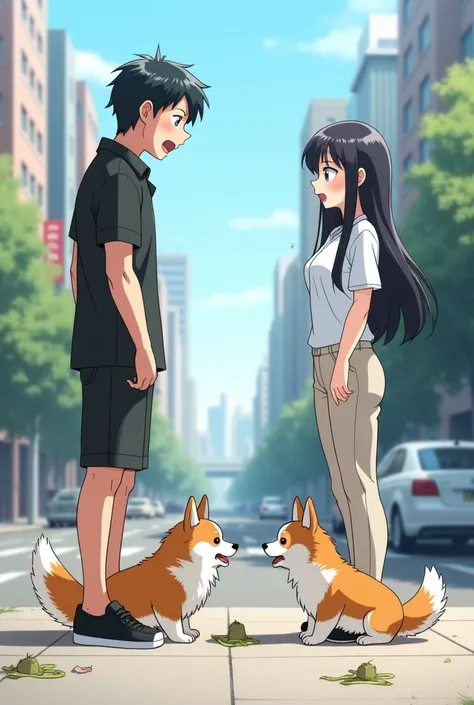 a man wearing black shirt and shorts and a woman wearing a white shirt and a pants and black hair got shocked at each other in the street and beside of the woman are 2 brown corgi dogs eating. in anime style