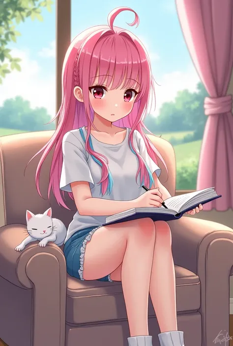 Cute anime woman with pink hair and blue streaks with a pose sitting on a chair doing homework, and with hair tails , and with moles on the cheeks, red eyes and landscape outside the window, cute white kitten sleeping next to you. 