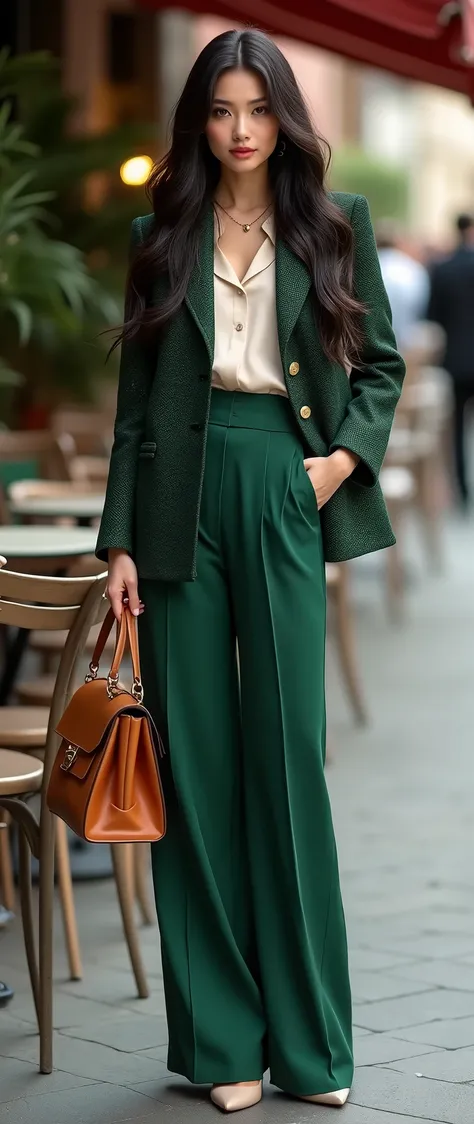 A breathtakingly beautiful woman with long, flowing ebony hair cascading down her back in gentle waves, captivating almond-shaped eyes of deep obsidian, and flawless porcelain skin. She wears a tailored Chanel tweed jacket in dark emerald green, paired wit...