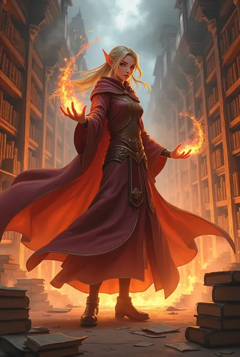 half-elf anime mage in burning library