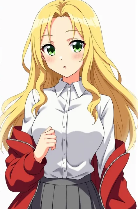 Tokyo Revengers screenshot,  girl, long wavy blonde hair, light green eyes, blonde eyebrows, long black eyelashes, dressed in a white button-down shirt, grey pleated skirt and red sweater with open zipper.