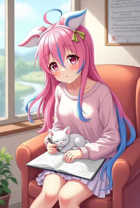 Cute anime woman with pink hair and blue streaks with a pose sitting on a chair doing homework, and with hair tails , and with moles on the cheeks, red eyes and landscape outside the window, cute white kitten sleeping next to you. 