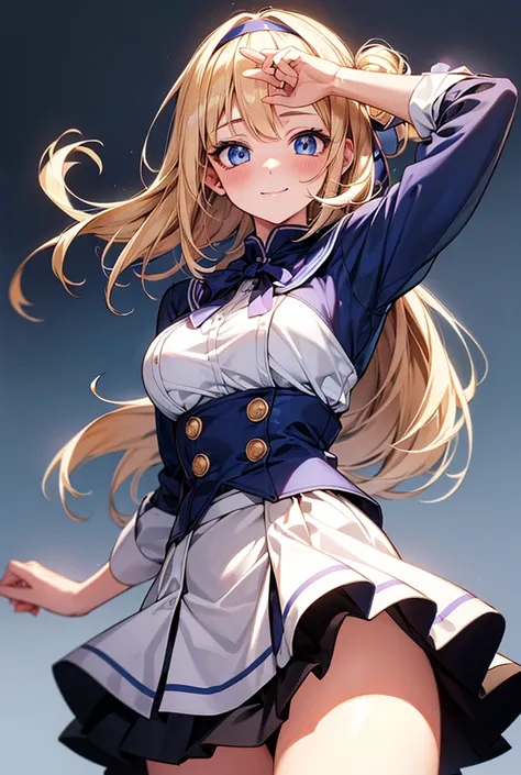 One girl, High resolution, Long Hair, chest, Look at, Blushing, smile, blue eyes, Blonde, Simple Background, Headband, Cowboy Shot, Big Breasts, Illustration, Anime Style, High school girl、blouse、Ultra Mini Skirt、Character portrait、Avatar、Bobcut、front、View...