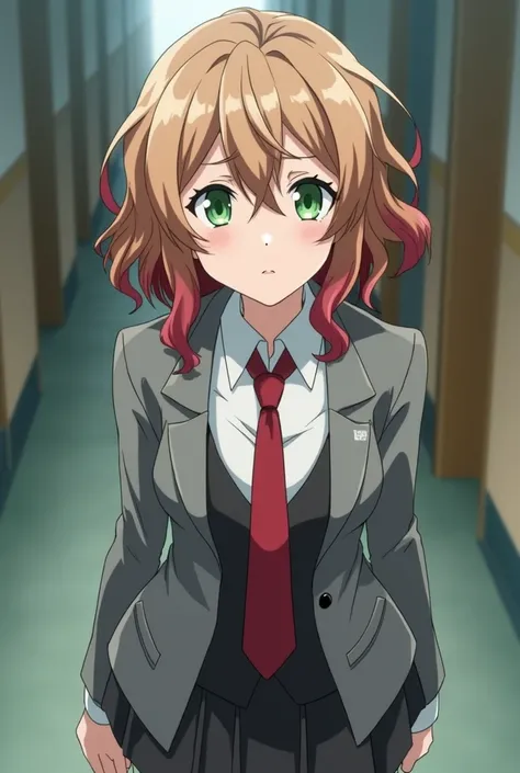 Screenshot of boku no hero academia,anime, beautiful woman, Wavy light brown hair with red highlights, green eyes, neutral expression on the face, uniform grey jacket red tie, walking in a school hallway in the background looking at the camera and low angl...