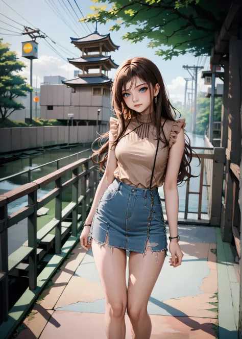 realistic anime illustration of adorable young girl at bridge, she has brown long wavy hair, wearing light-brown ruffle sleeveless blouse,  denim pencil skort, ((masterpiece:1.2), (best quality:1.2), (very aesthetic:1.2), (absurdres:1.2), (detailed backgro...