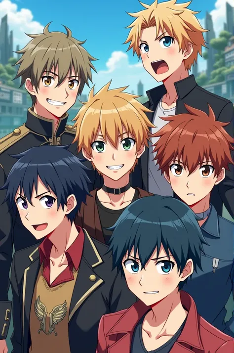 Create an anime image with 6 people, being 5 boys and 1 with different expressions.