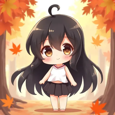 Chibi Character,High image quality,Facing forward,girl,Up to the shoulders,Long Hair,Black Hair,Brown eyes,Black Skirt,White clothes,cute,Fluffy atmosphere,I&#39;m sitting flat on the floor,Blushing, Look at, smile, Maple scenery