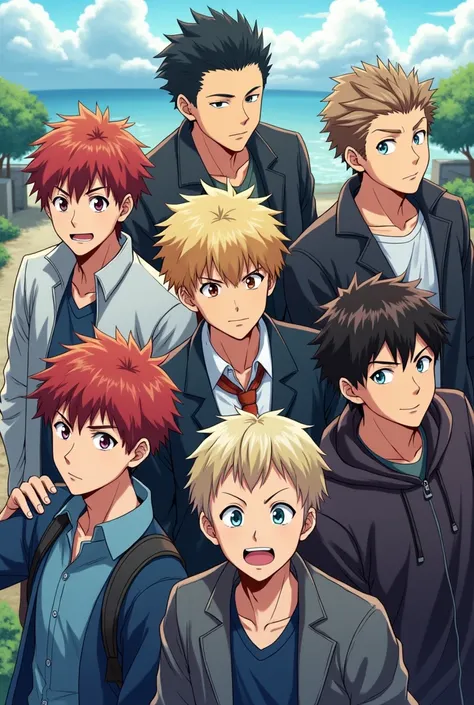 Create an anime image with 6 people, being 5 boys and 1 with different expressions.