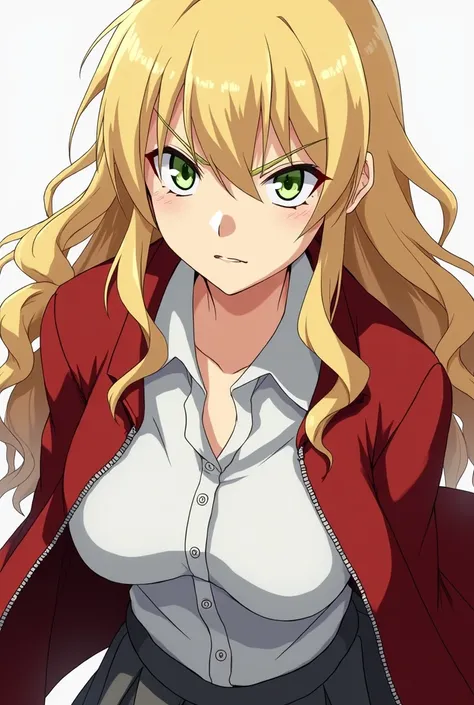 Screenshot Tokyo Revengers, 1 girl, long wavy blonde hair, light green eyes, challenging look, blonde eyebrows, long black eyelashes, dressed in a white button-down shirt, gray pleated skirt and a red sweater with the zipper open