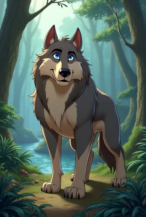 Big wolf dog Disney version with blue eyes 
