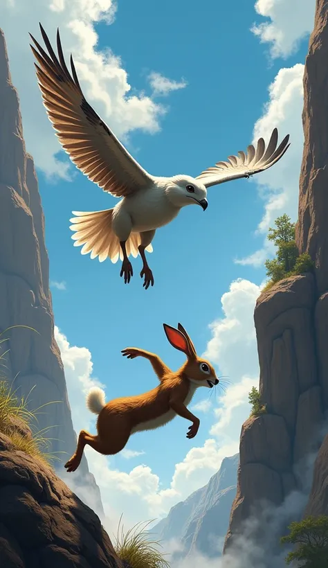 : The bird tries to spread its wings but slips and falls downwards. The rabbit moves quickly, jumps over the high cliff and catches the bird.

(Show the bird falling quickly, the rabbit&#39;s rush and the bird&#39;s rescue moment.)