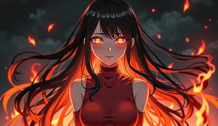 anime art style, female teenager character, black long hair downgraded to orange with fire tips, fire eyes, pale skin, wearing a long neck red shirt without sleeves, godess pose, superiority look, superb expression, dark background