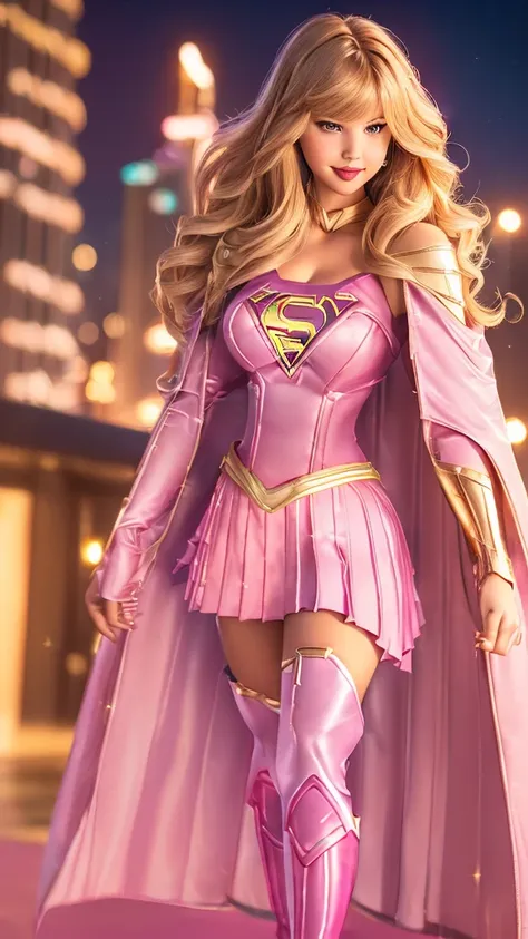 wondergirl, DisneyAurora, ((( Anne Hathaway:Selena Gomez:0.8))) Beautiful woman (((shoulder length wavy  caramel blonde hair))) ((bangs:1.2)) ((( tight blue shining top of SUPERGIRL, gold belt, pink pleated skirt, pink boots, flowing pink cape, mecha ))) d...