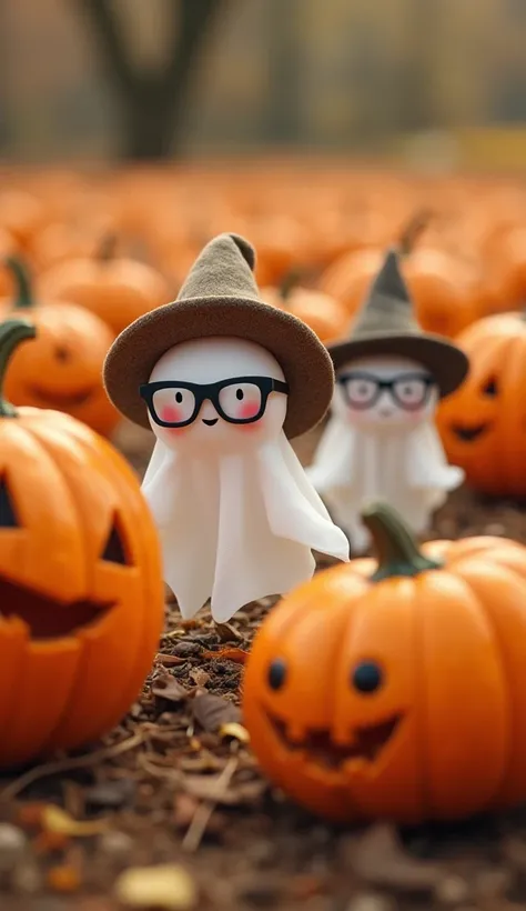 ": A scene where tiny, friendly ghosts are hiding behind pumpkins, poorly disguised with hats and glasses, while one jumps out shouting “Boo!” only to make the pumpkins laugh instead of scream.