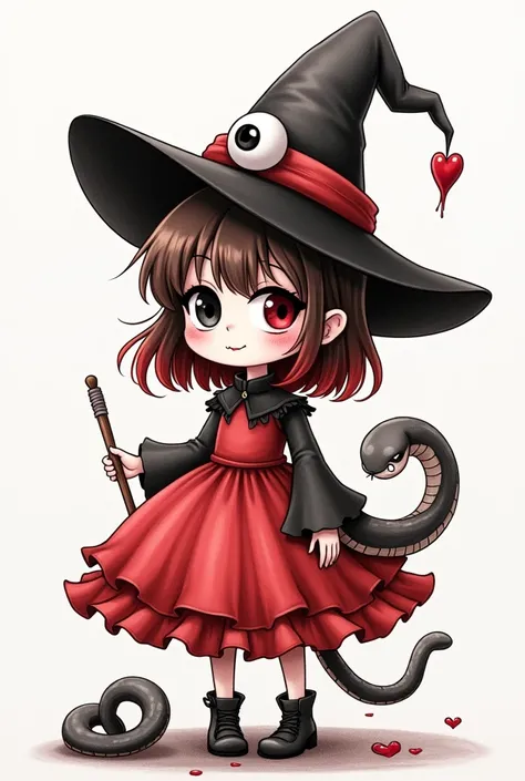 A cute pencil drawing of a female witch oc with black and red mismatched cat eyes, brown and red hair, a red puffy fluffy dress, eye ball themed witch hat, a snake for a familiar and a wand
