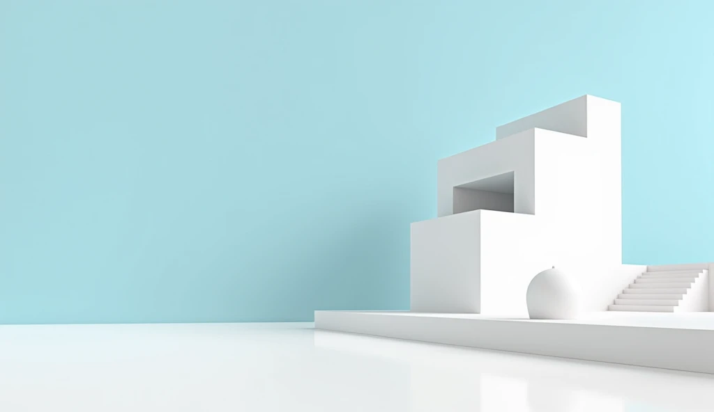 Create a minimalist architectural scene with clean, geometric shapes and smooth surfaces. A simple modern building, made up of straight lines and rectangular forms, stands against a clear blue sky. There are no unnecessary details, just pure, functional sh...