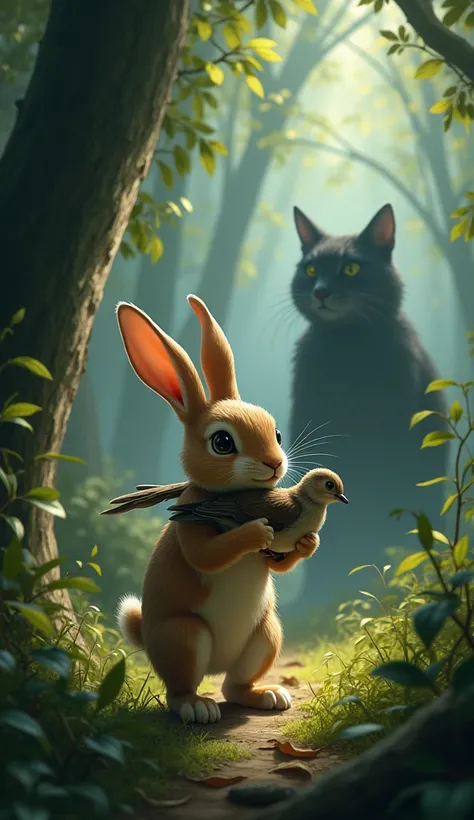 The rabbit carries the bird on its back to safety, but suddenly a menacing cat roars in the forest.

(Rabbit carrying the bird on his back, show the shadow of the wildcat from behind, advancing to hunt.)
