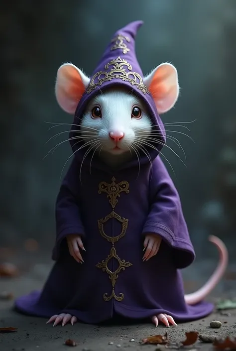 A suspiciously white, child-sized rat wearing wizard&#39;s robes