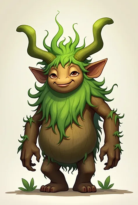 A mystical wooden creature with a strong and robust body,with two green, plant-like horns coming out of the sides of its head.with big hair,long and green.In cartoon style 
