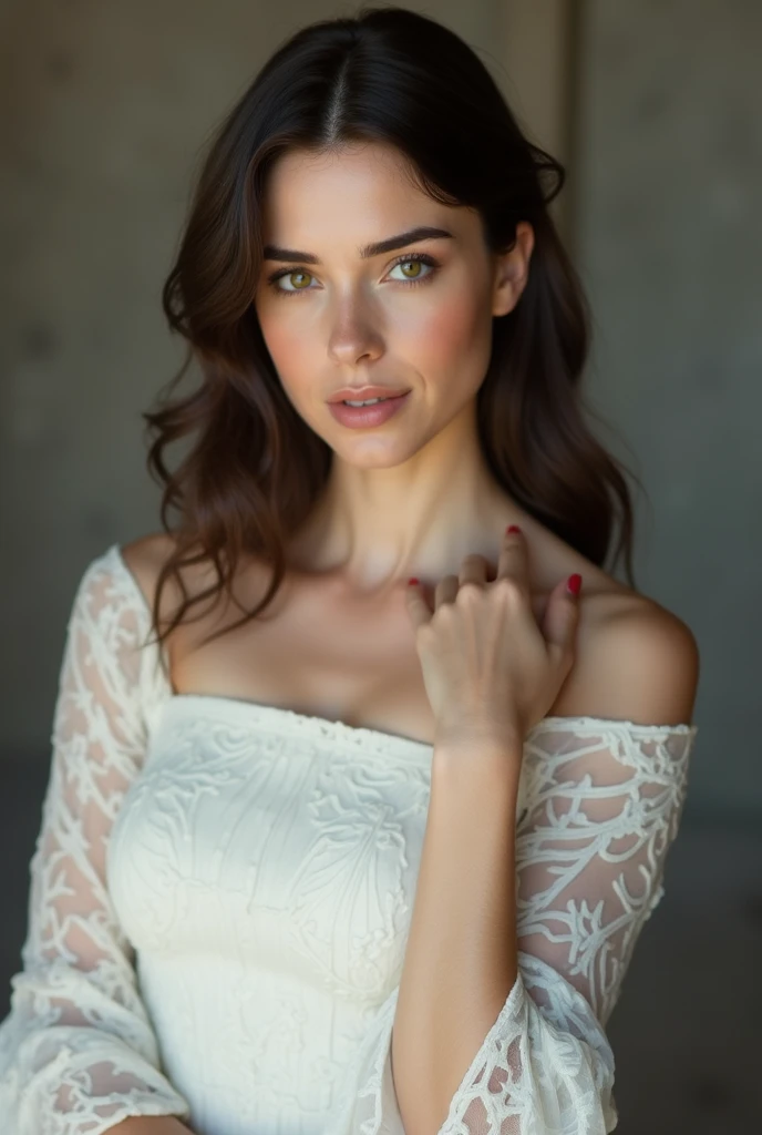 Brunette woman standing in a well-made white  dress that covers her shoulders, with your right hand on your right thigh, and his left hand in his hair