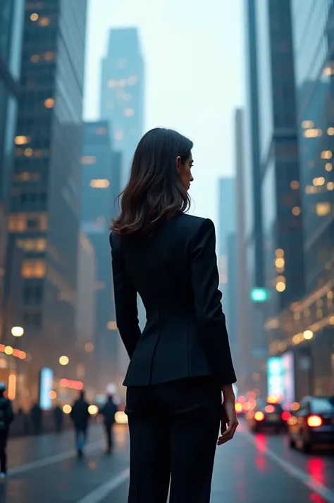 Woman turned away from the camera in formal wear of average beauty, in a city setting in 2024