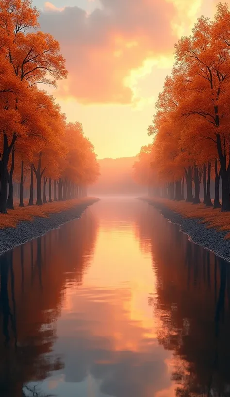 The calm surface of a river mirrors the rich orange, amber, and maroon hues of the autumn sky at sunset, while a row of trees with golden leaves lines the shore.