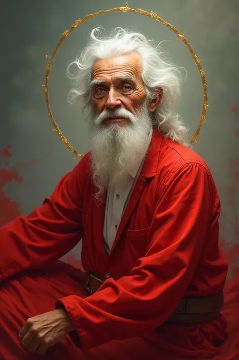 An old man with white hair wearing a red dress 