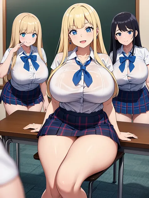 (best quality,4k,8k,highres,masterpiece:1.2), ultra-detailed, UHD, 3girls, sexy girl, huge breasts, large breasts, curvy, blonde hair (straight bangs), blue eyes, long hair, school uniform, school plaid short skirt, earrings, happy smile, dynamic pose, sol...