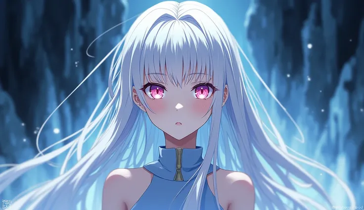 anime art style, female teenager character, white long hair, light pink eyes, pale skin, light blue dress, superiority look, superb expression, ice dark background