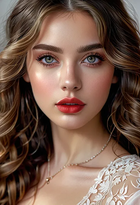 1girl, solo, detailed portrait, long wavy hair, beautiful detailed eyes, beautiful detailed lips, extremely detailed face, longeyelashes, flawless skin, delicate skin texture, natural skin tones, soft blush, piercing red eyes, intricate details, award-winn...