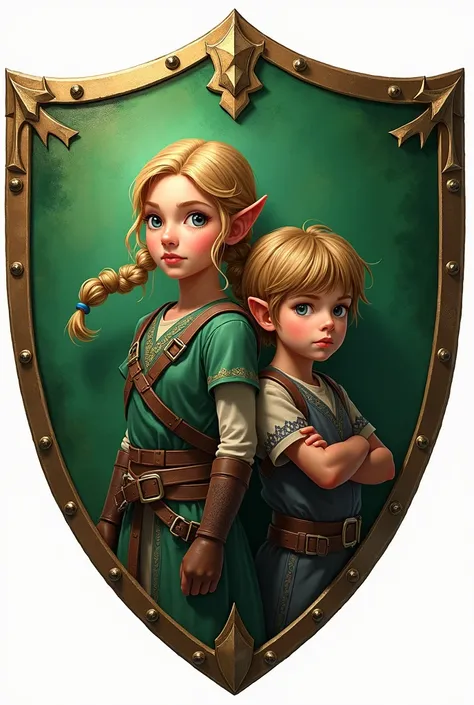 Shield with green background, in the center with a girl and a boy 